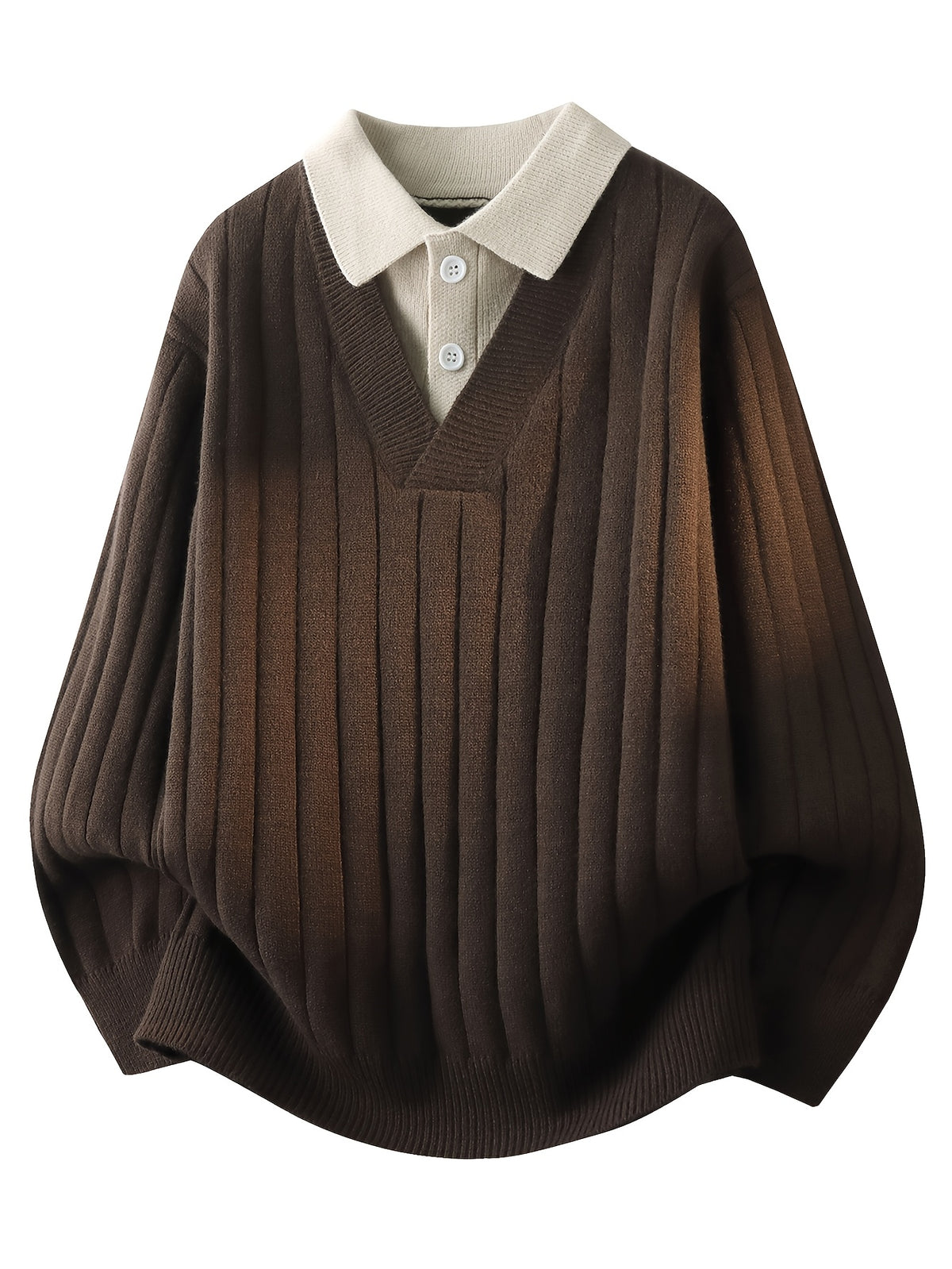 2-in-1 Look Polo Collar Sweater for Men, Autumn/Winter Vertical Stripe Knit Shirt, Lapel Pullover Base Layer Top - Coffee Color