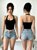 Women'S Spring Summer Halter Neck Solid Color Cami Tank Top, Spicy Sheer Short Top for Inner Wear And Outer Wear, Classic Versatile Style - Black