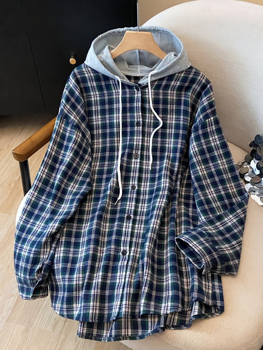 Plus Size, Spring Women's New Arrival Clothing, Autumn Women's Fashion Casual Wear, Plaid Hooded Long-Sleeve Shirt, Plus Size Women's Shirt, Oversized Top, Autumn Hooded Cardigan, Fashion Plaid Shirt, Korean Style Women's Clothing, Women's Winter - Navy Color