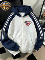 Men'S Drop Shoulder Color-Block Hooded Zipper Cardigan Sweatshirt, Multicolor Splatter Hand-Painted Superman Logo Print, Autumn/Winter Loose Contrast Striped Sporty Hoodie - Gray And Navy Blue