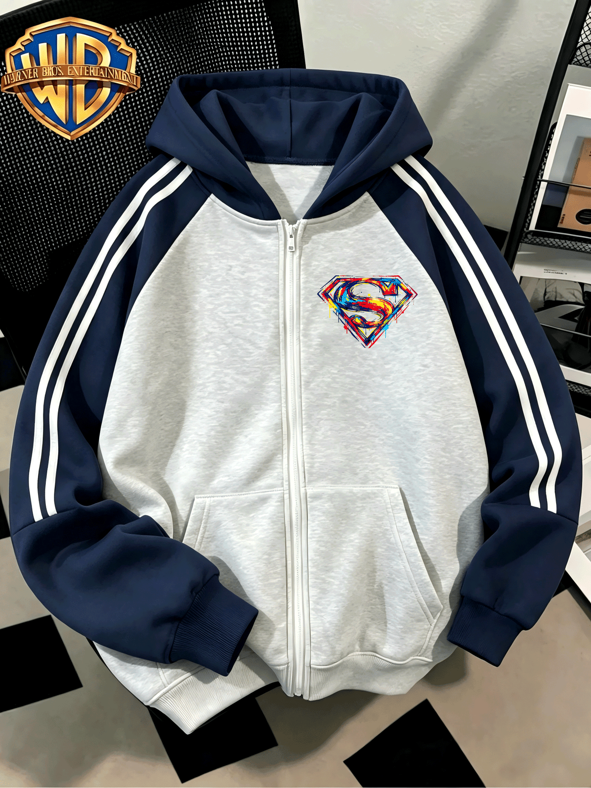 Men'S Drop Shoulder Color-Block Hooded Zipper Cardigan Sweatshirt, Multicolor Splatter Hand-Painted Superman Logo Print, Autumn/Winter Loose Contrast Striped Sporty Hoodie - Gray And Navy Blue