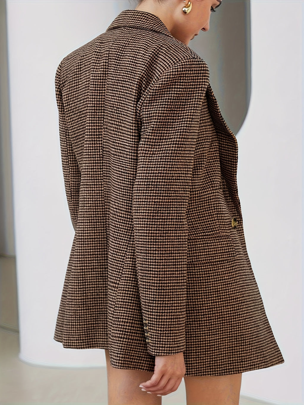Women'S Elegant Houndstooth Long Sleeve Blazer - Formal to Casual Office And Party Wear, Button-Front Jacket for Fall Winter, Machine Washable Professional Coat, Women'S Jacket, Versatile Clothing, Double-Breasted Closure, Workwear, Tailored Fit - Khaki