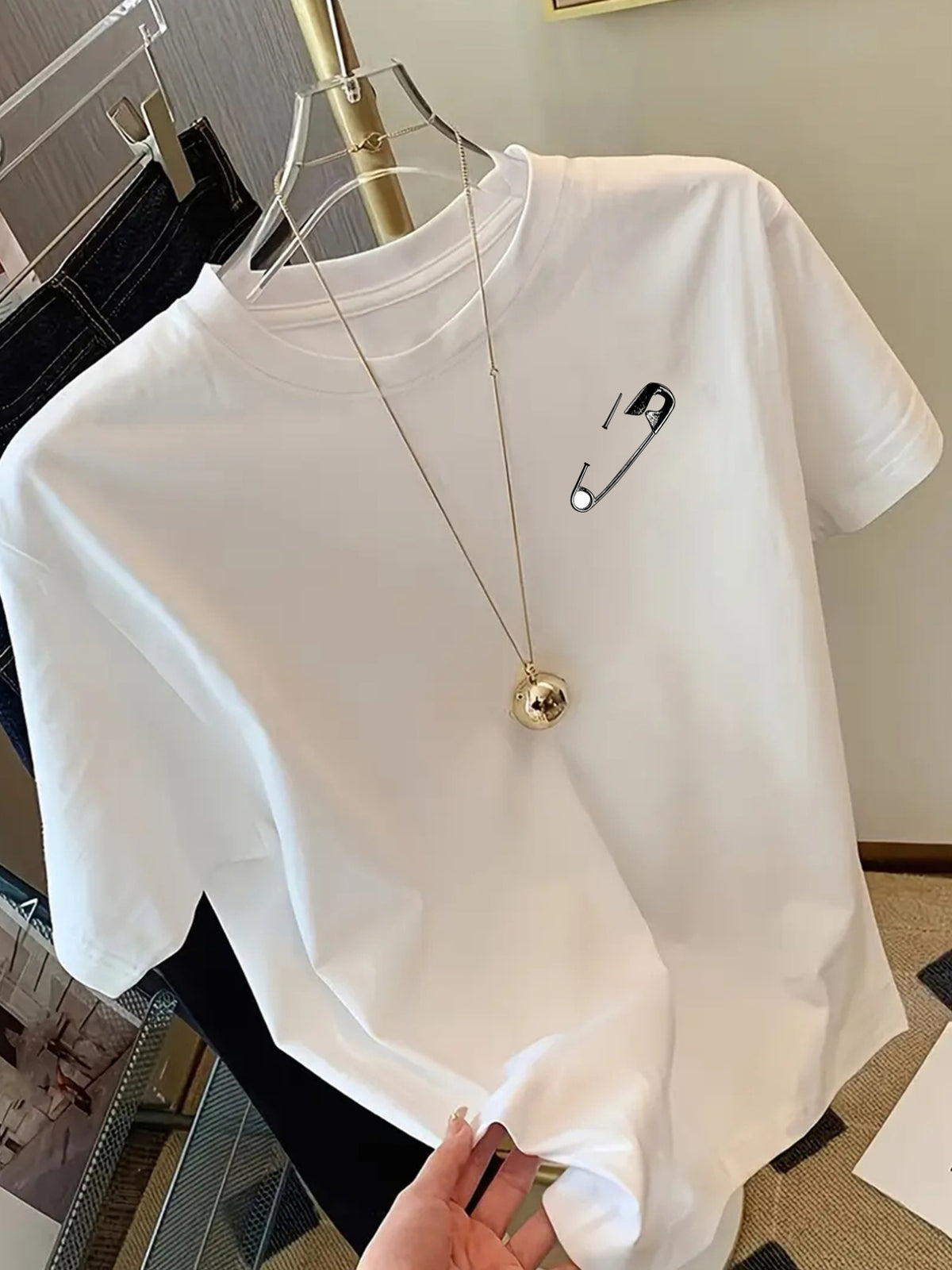 Front and Back Shortsleeve Tshirt Safety Pin, Punk Style Fashion Print Women's Spring and Summer Trendy Print Tshirt, Fashionable and Trendy Item - White