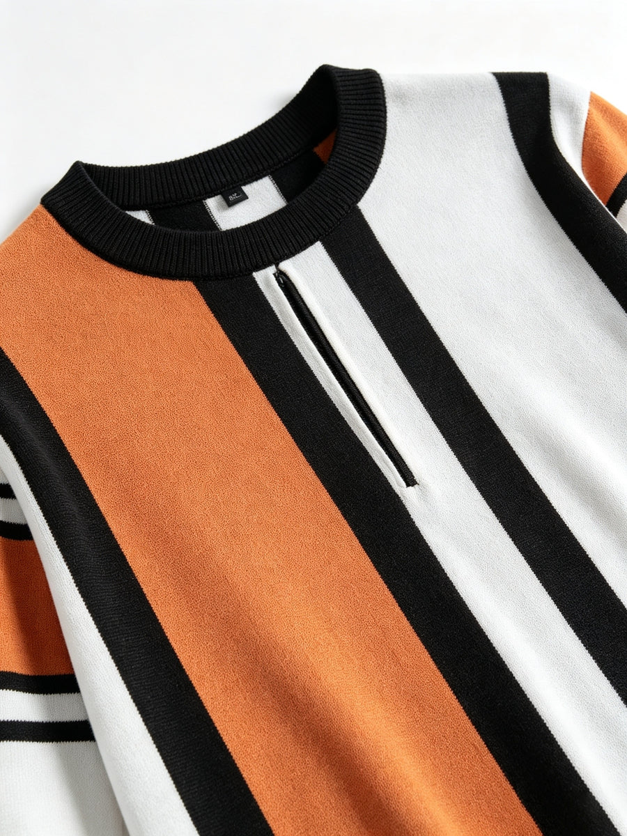 Men'S Individual Color-Block Pinstripe Round Neck Pullover Sweater Jacket, Patchwork Sleeve Horizontal Stripe Design Pullover Top, Men'S Casual Outerwear Knit Base Layer - Orange