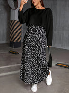 Plus Size, Autumn New Arrival Plus Size Women's Long Sleeve T-Shirt + Printed Camisole Maxi Dress Set, Fashionable 2pcs Outfit for Women - Black