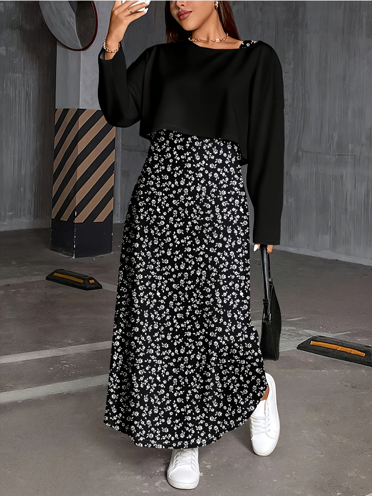 Plus Size, Autumn New Arrival Plus Size Women's Long Sleeve T-Shirt + Printed Camisole Maxi Dress Set, Fashionable 2pcs Outfit for Women - Black