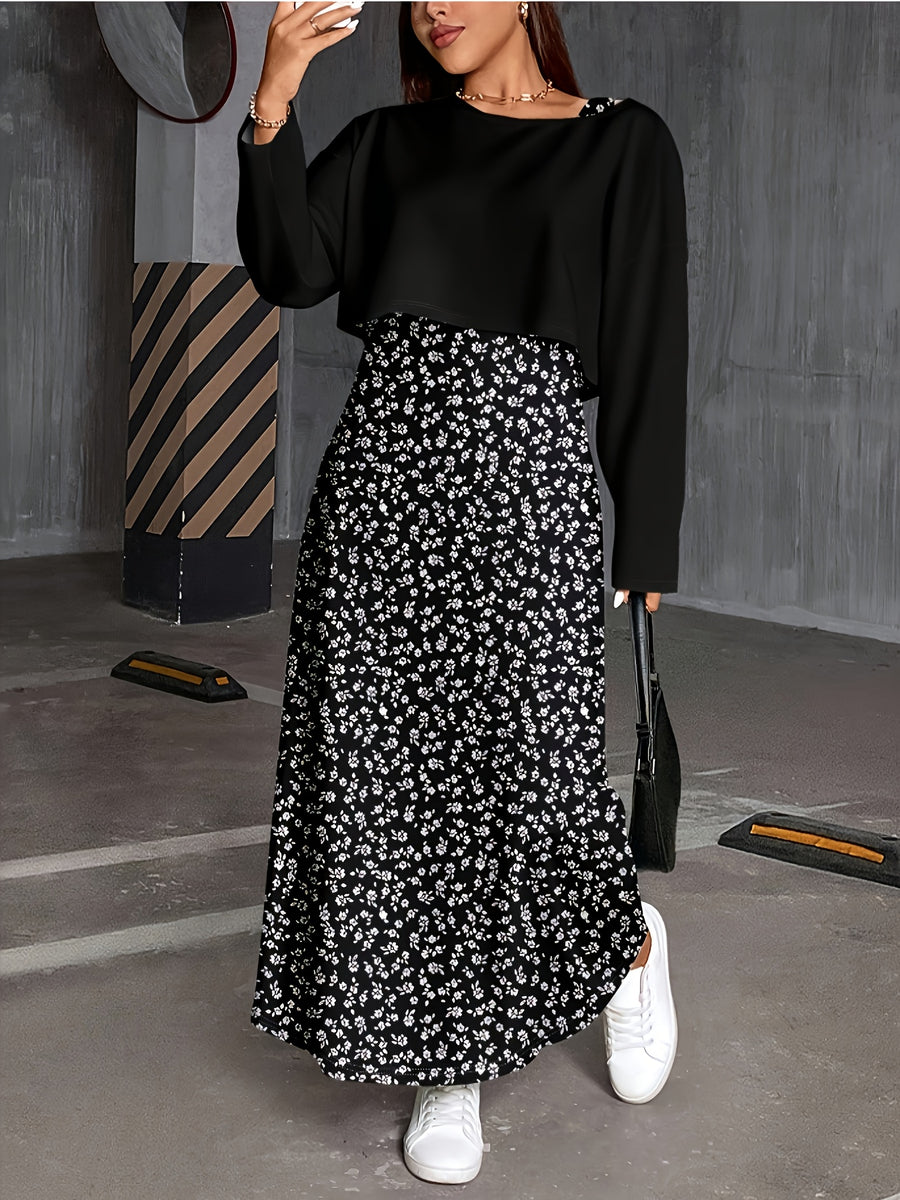 Plus Size, Autumn New Arrival Plus Size Women's Long Sleeve T-Shirt + Printed Camisole Maxi Dress Set, Fashionable 2pcs Outfit for Women - Black