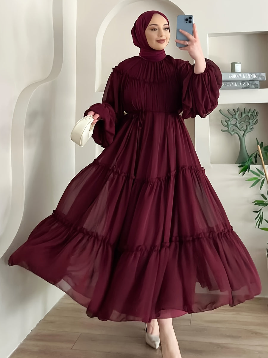 Women's Modest Muslim Elegant Maxi Dress with Belt - Long Dresses Suitable for Hajj, Umrah, Weddings & Daily Wear - - Modest Abaya Dress - Burgundy