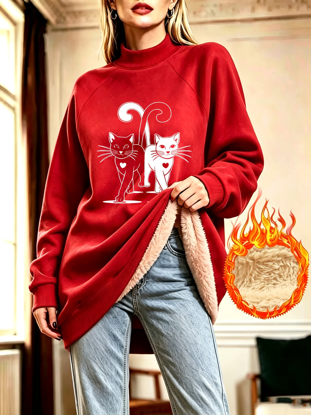 Cute Double Cat Heart Print Half-Turtleneck -Lined Sweatshirt Dress for Women, Autumn/Winter Loose Fit Thickened Midi-Length Top - Red