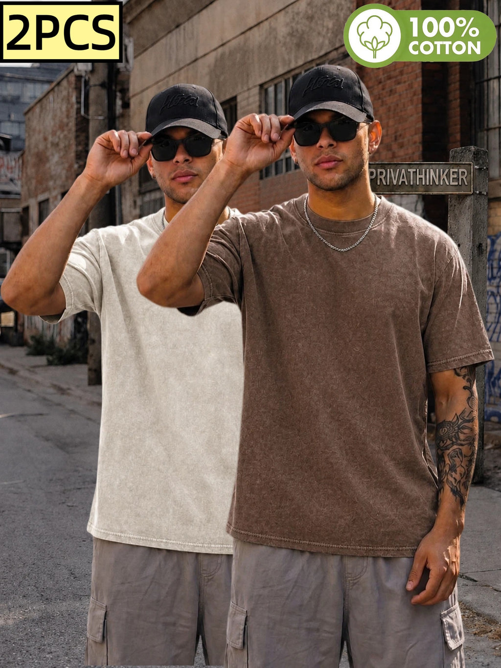 [Villa Le Water OBM] 2pcs Set Street Cool Short T-Shirts, Washed Distressed Short Sleeves, Unisex Retro Tops, Summer Outfit Essentials, Hip-Hop Street Style Must-Haves, Soft Fabric, Full Size Range, Daily Wear, All Seasons Wear, Best Gift - 2PC