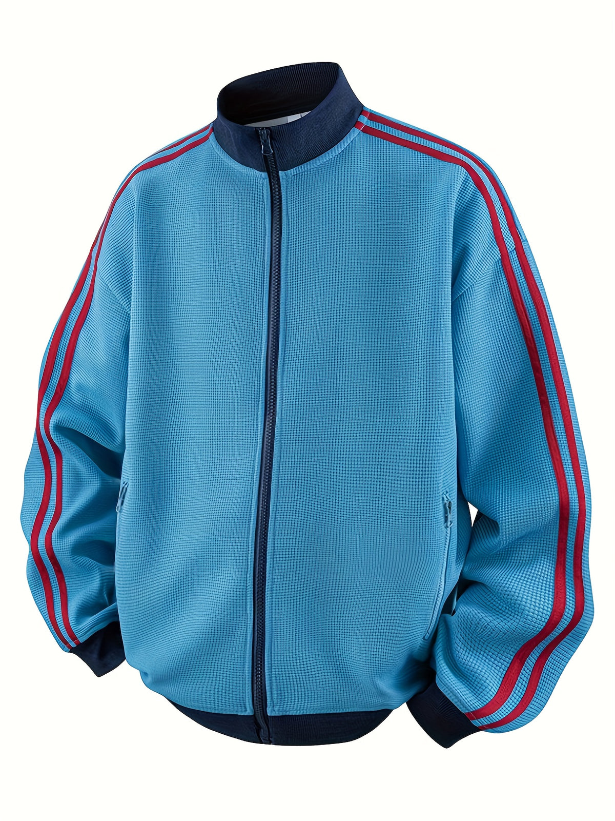 Men'S American Vintage Cardigan Sweatshirt, New Striped Stand-Up Collar, College Style Sports Casual Jacket for Spring And Autumn - Azure