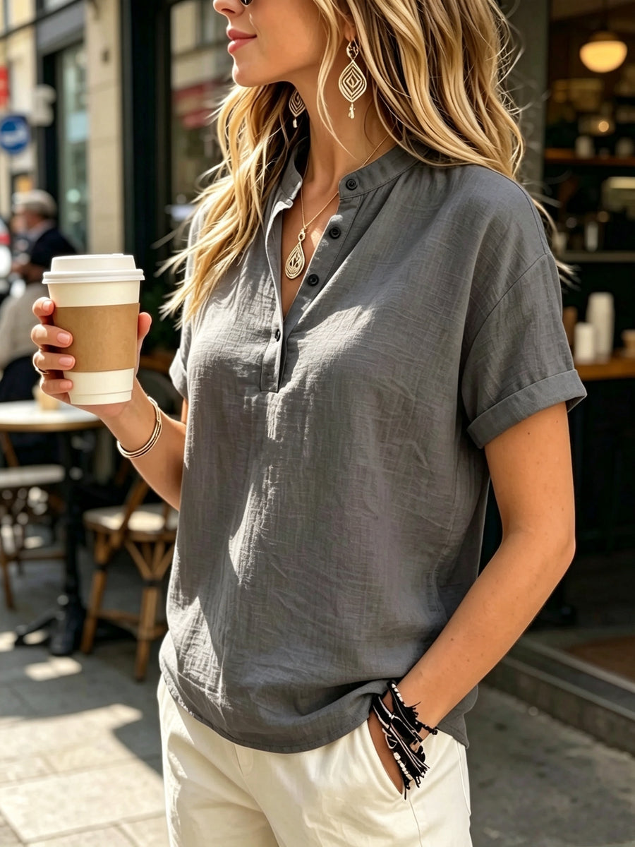 Ladies' Casual Solid Color Short Sleeve Shirt, Versatile Commuting Style Top, Loose And Comfortable, Lightweight And Breathable - Grey