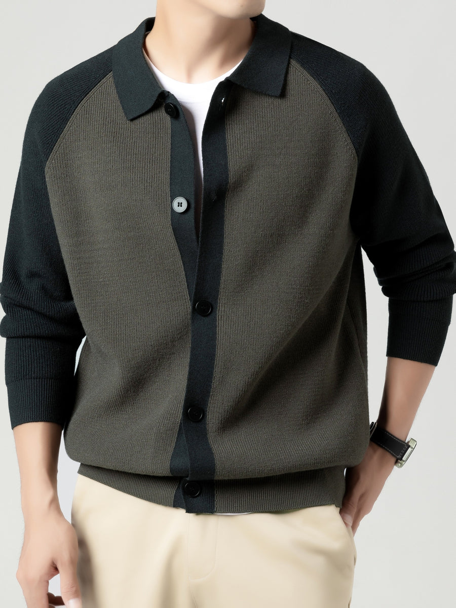 New High-Quality Lapel Button Knit Cardigan, Loose Fit, Fashionable Casual Color-Block Men's Wear, Stylish and Handsome Wool-Blend Warm Top, Autumn/Winter Men's Sweater Jacket K523 - Dark Gray