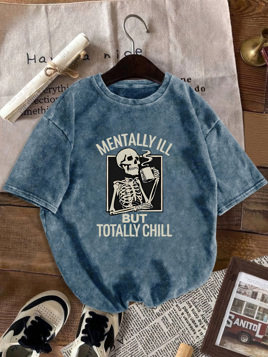 A Fashionable and Crazy T-shirt Featuring a Relaxed Skeleton, Perfect for Creating a Retro and Casual Atmosphere. It Is an Ideal Choice for Daily Travel, Leisure Outings, and Regular Wear, Reflecting the Eternal Retro Aesthetics of Women. - Blue