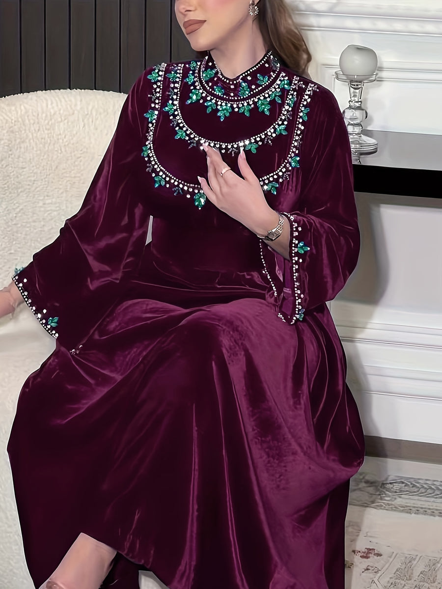 Ramadan Saudi Arabia Abaya Robe, Velvet Zipper Green Water Drop Rhinestone Middle Eastern Dress - Purple