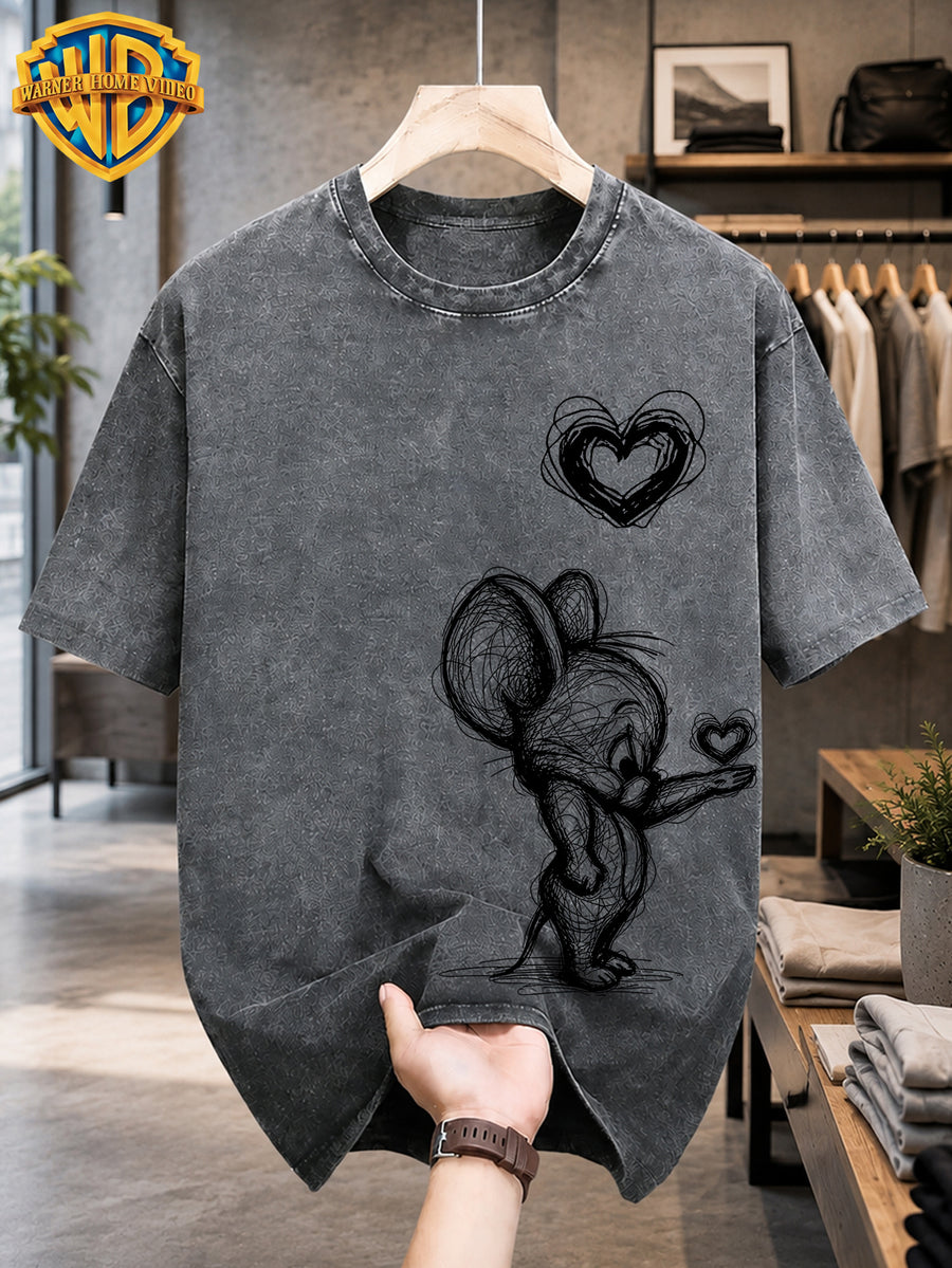 Warner Bros. Licensed Men'S Washed Retro T-Shirt, Sketch Style Classic Cartoon Character Kissing Heart Print, Hand-Drawn Line Graffiti Loose Round Neck Short Sleeve Top, Western Street Trendy Casual Summer Men'S Clothing - Grey