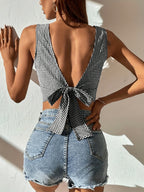 2025 Spring/Summer New Striped Vest, Simple and Fashionable, Elegant and Sexy Bow Back Tie Design, Lightweight Breathable Fabric, Comfortable and Soft, Natural Casual Style, Women's Versatile Summer Style - Black