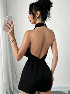 French Halter Deep V Pleated Shorts, Waist-Cinching Sleeveless Casual Solid-Colored Jumpsuit - Black