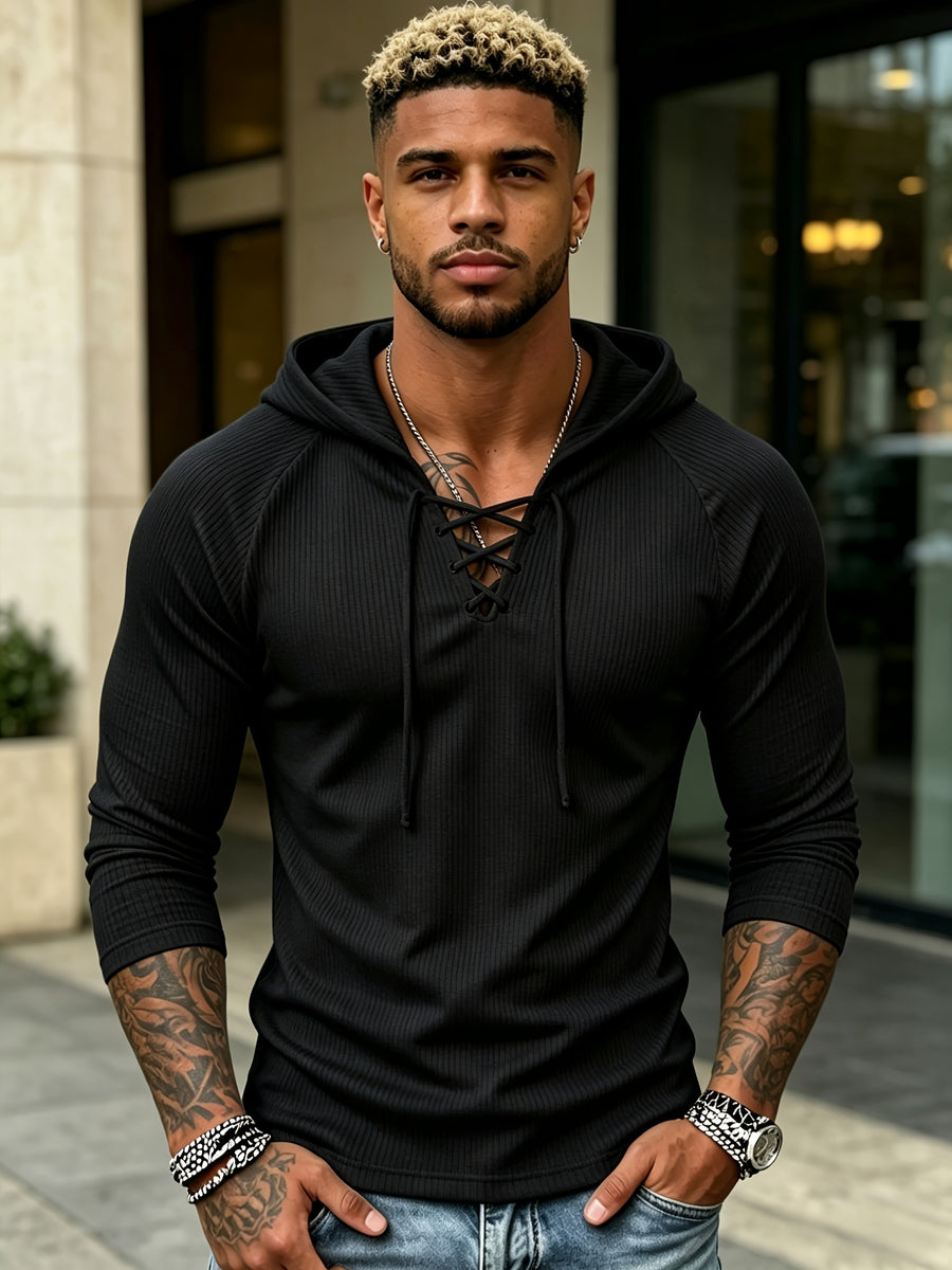 Joshmei OBM Vintage New York Street Style Men's White Textured Hooded Long-Sleeve T-Shirt with V-Neck and Cross-Strap Design, Niche Trendy Versatile Stretch Hoodie for Streetwear - Black