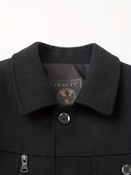 Spring/Autumn Wool Jacket, Workwear Style Outerwear, Warm Fall Style, Solid Color Men's Apparel with Faux Pockets - Black