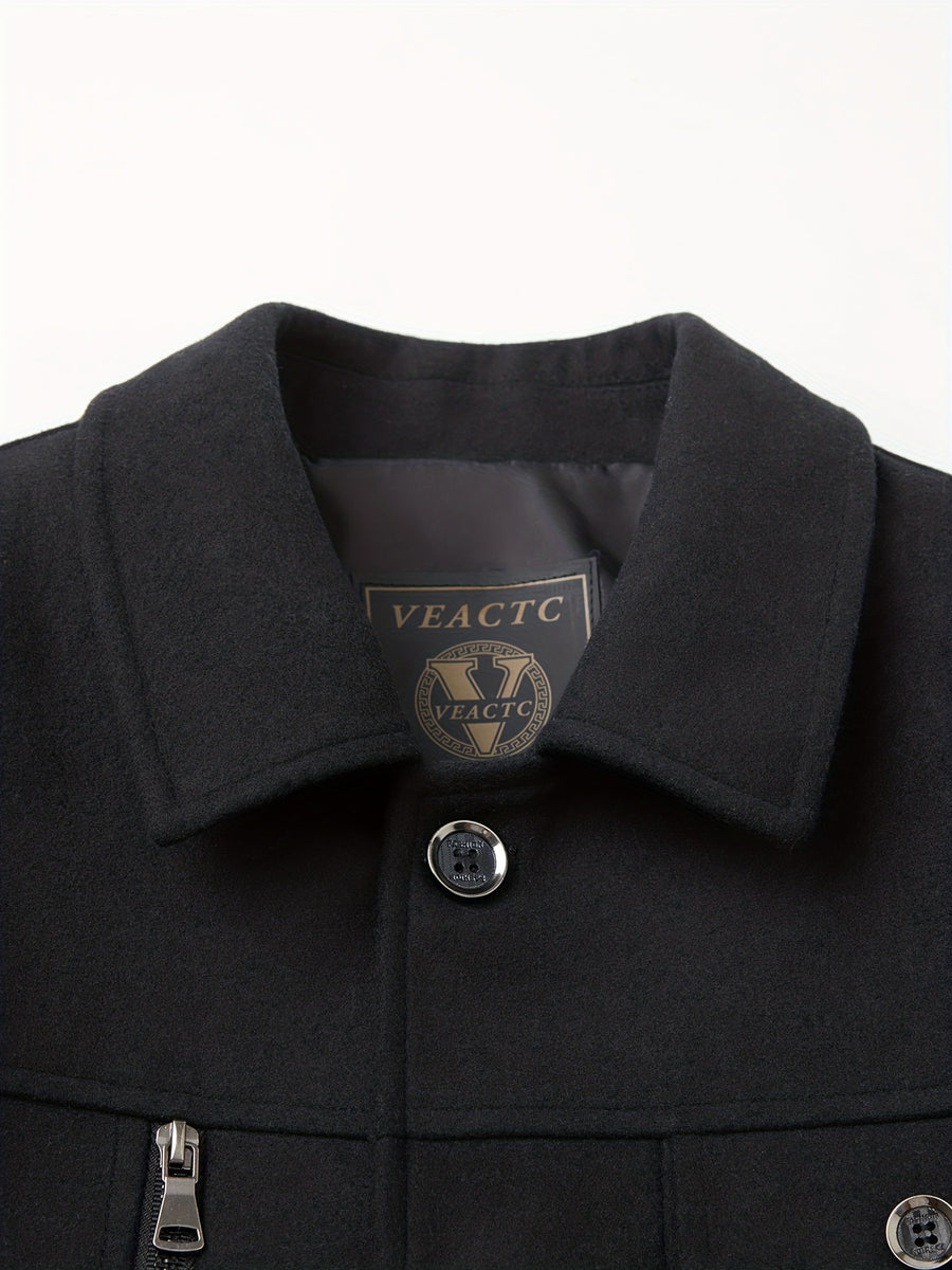Spring/Autumn Wool Jacket, Workwear Style Outerwear, Warm Fall Style, Solid Color Men's Apparel with Faux Pockets - Black