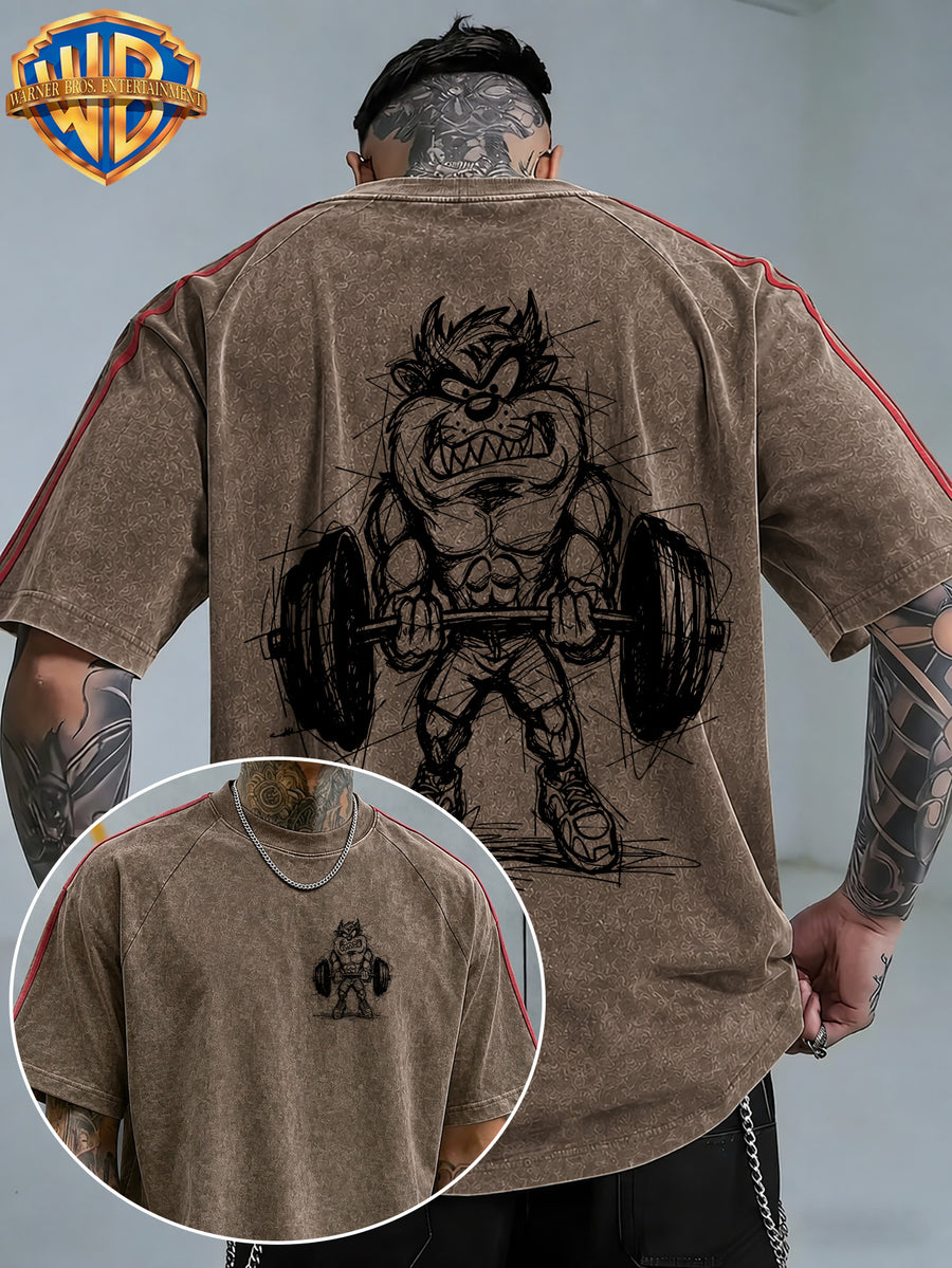 WB Warner Bros. Official License, American Hardcore Sports Hand-Drawn, Muscular Big Mouth Monster Street Fitness Style Atmospheric Outfit T-Shirt, Men'S Loose Retro Street Casual Short Sleeve Top - Coffee Color