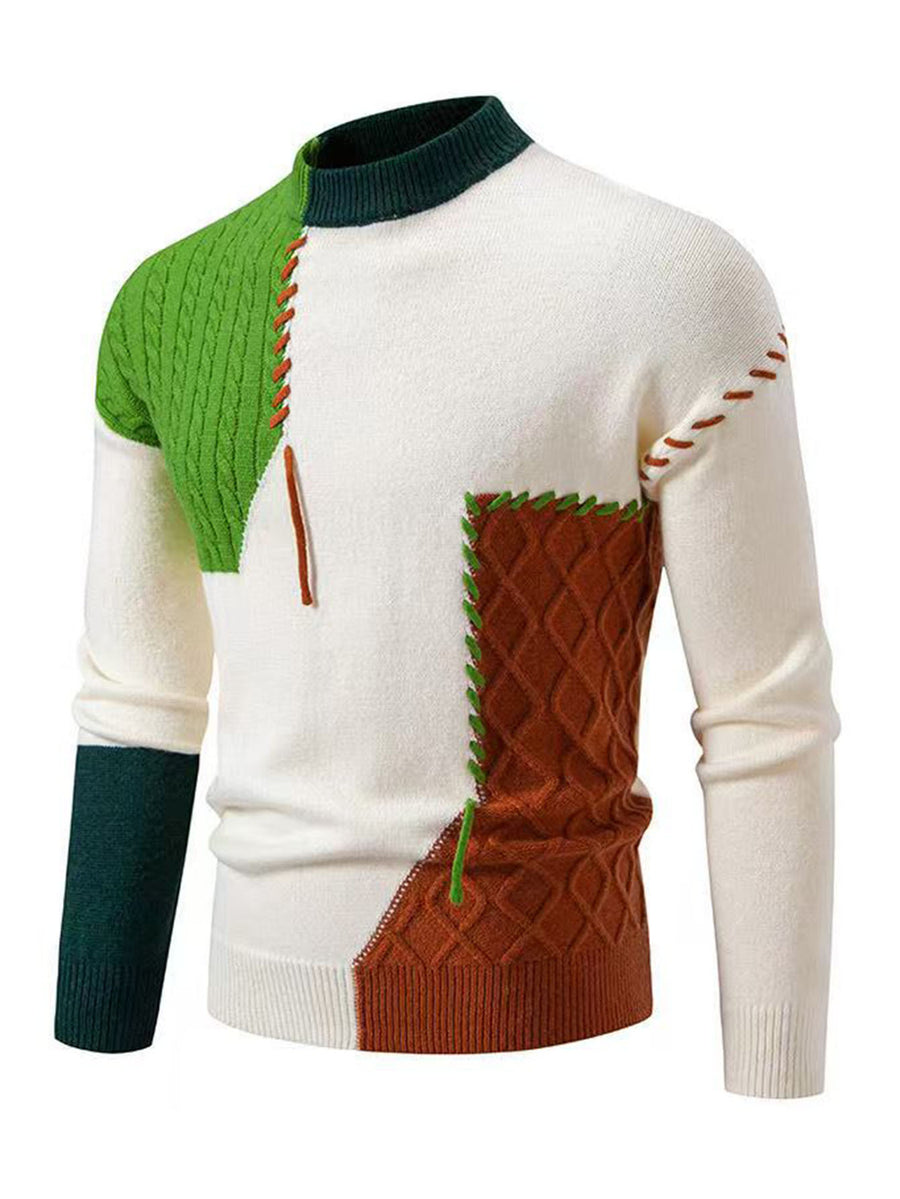 Men'S Color-Blocked Round Neck Sweater, Trendy And Relaxed Style, Warm Knitted Top for Casual Wear - Yellow-green