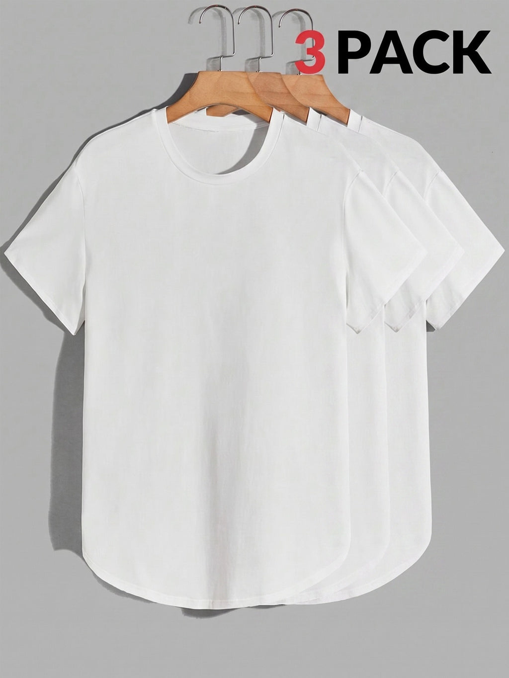 3pcs Men's Loose-Fit Short-Sleeve T-Shirt - High-Stretch Wrinkle-Resistant Streetwear Tee with Curved Hemline, Round Neck Solid Color Shirt Suitable for Gym, Summer Camping & Casual Wear, Machine Washable for Lifestyles - White