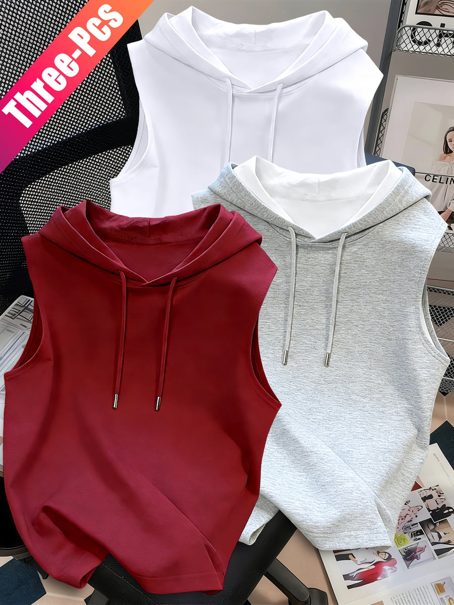 3pcs Men's Hooded Tank Tops - Korean Style Sleeveless Vests, Loose Fit Slimming Athletic Shirts Suitable for Summer Gym, Layering Base Layers, Machine Washable Solid Color Tops, Multi-Color Options for Casual & Outdoor Wear - Red+gray+white