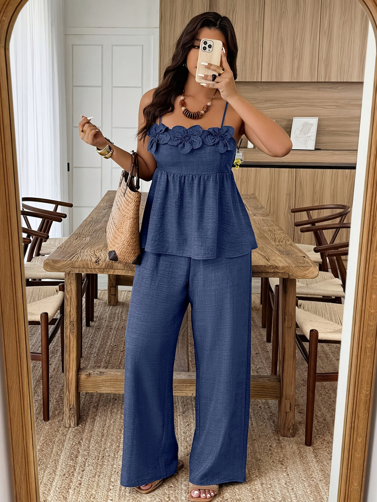 Women'S Solid Color Thin Strap Ruffled Elegant Pullover Sweater And Straight Solid Color Long Pants, Summer New Casual to Formal Wear, Designer Style, Beautiful Two-Piece Pants Set - Blue