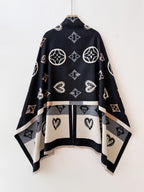 Plus Size - Reversible Contrast Heart Diamond Shawl Valentine'S Day Sweet Cool Style Western Date And Party Warm Outerwear Daily Casual And Fashionable - Black