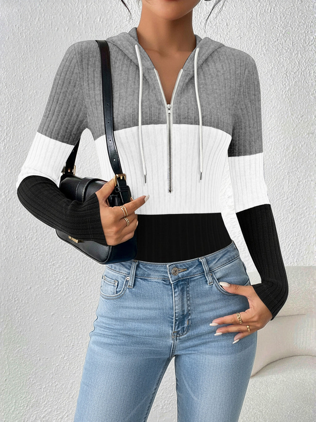 Spring/Autumn Contrast-Colour Drawstring Hooded Sweatshirt Long-Sleeved Top with Half-Zip Design Casual Commuter Work Top Fitted Sweatshirt with Concealed Snap Fasteners - Gray White Black