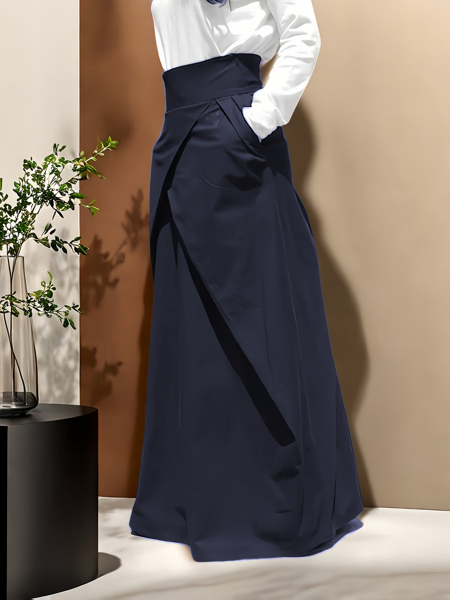 Ladies' Elegant High-Waisted Solid Color Skirt with Elastic Waistband and Pockets - Versatile Midi Summer Dress, Machine Washable, Suitable for Holiday Casual or Office Wear - Beach Outing - Opaque Material - Navy Color