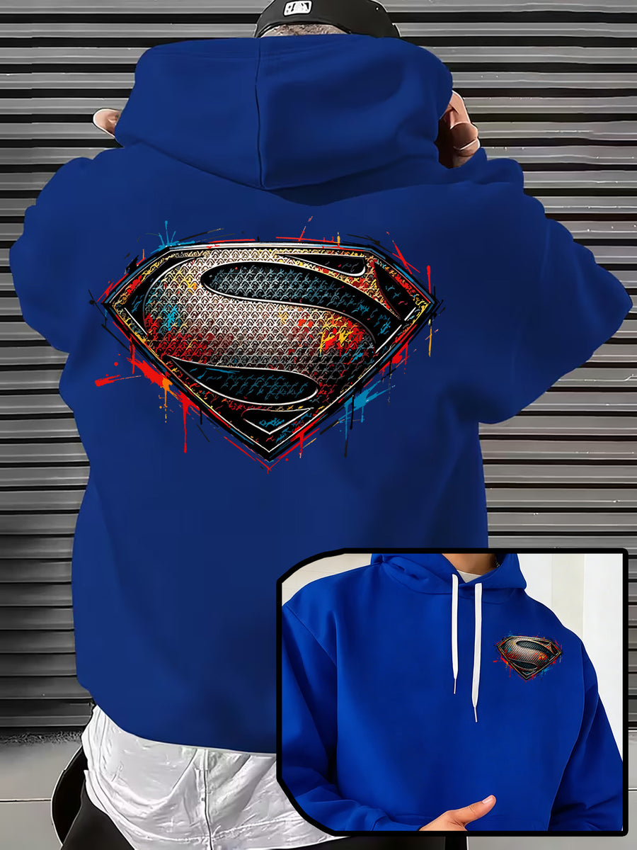 WB Men's & Unisex Superman S Logo Hoodie Sweater - Official Licensed Plush Hooded with Iconic Superman Print, Adjustable Drawstring Hood, Loose Fit for Winter Warmth, Machine Washable Casual Apparel Suitable for Autumn - Blue