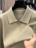 Men'S Lapel Full-Zip Long Sleeve Knit Jacket, Ribbed Cuffs And Hem, Autumn/Winter Style, Casual Commute Wear, Business Casual Style. - SINBOS - Apricot