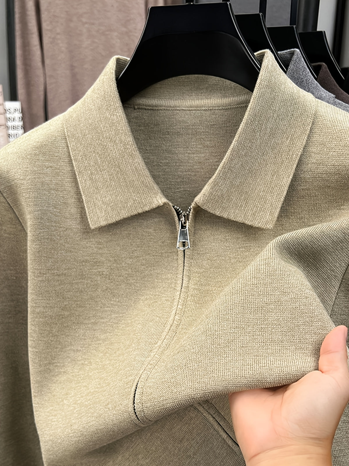 Men'S Lapel Full-Zip Long Sleeve Knit Jacket, Ribbed Cuffs And Hem, Autumn/Winter Style, Casual Commute Wear, Business Casual Style. - SINBOS - Apricot