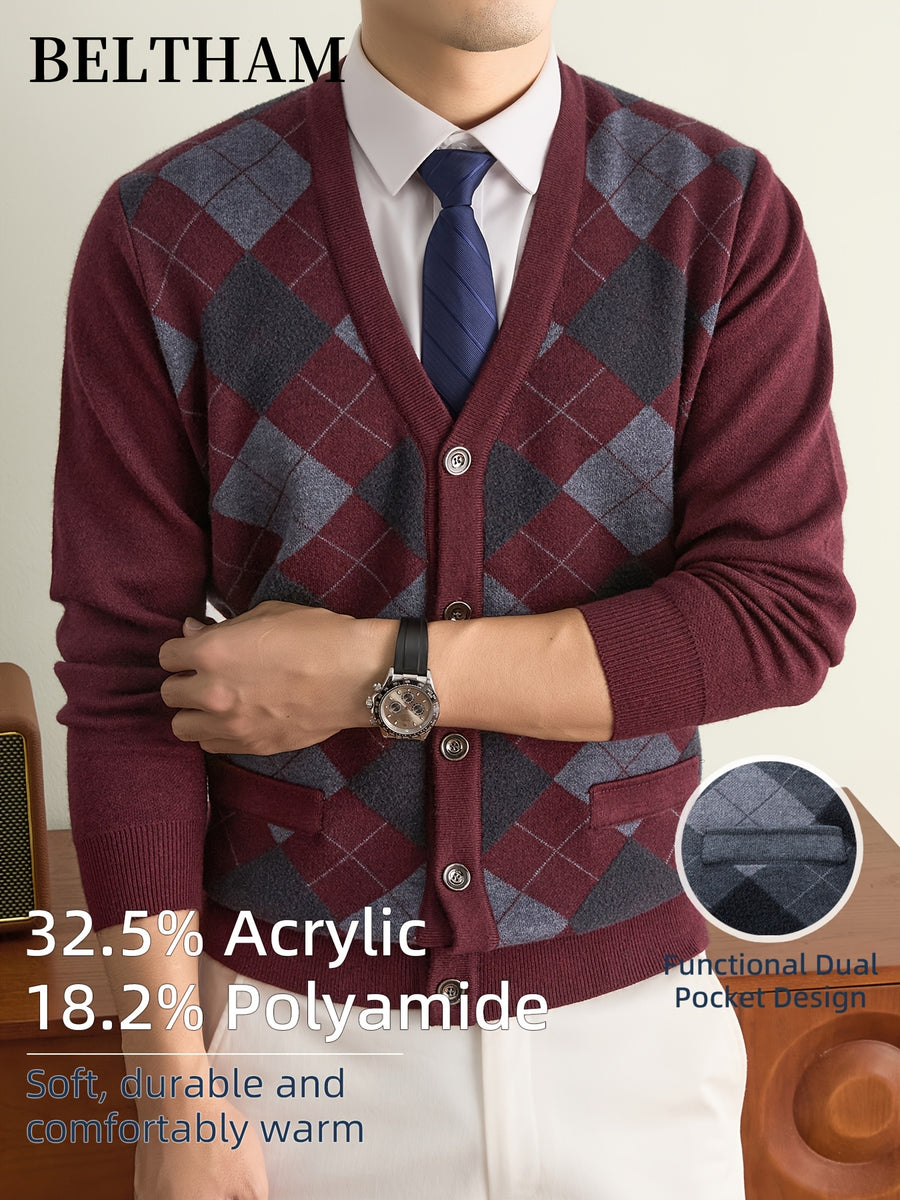 New Autumn Winter Men Thick Knit Cardigan, Ideal Gift for Dad & Husband, Button Design with Pockets, Cold Resistant Warm Sweater, Minimal Elegant Versatile Knit Cardigan Coat for Daily Outdoor Business Casual Camping Wear - Burgundy