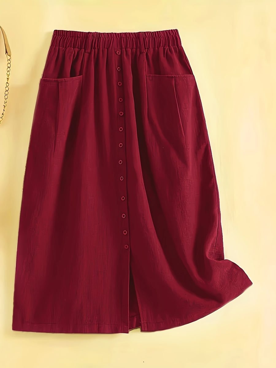 Spring/Summer/Autumn Lightweight Korean-Style Vintage Linen Loose Skirt with Elastic Waistband and Pockets, Mid-Length Women's Skirt - Burgundy