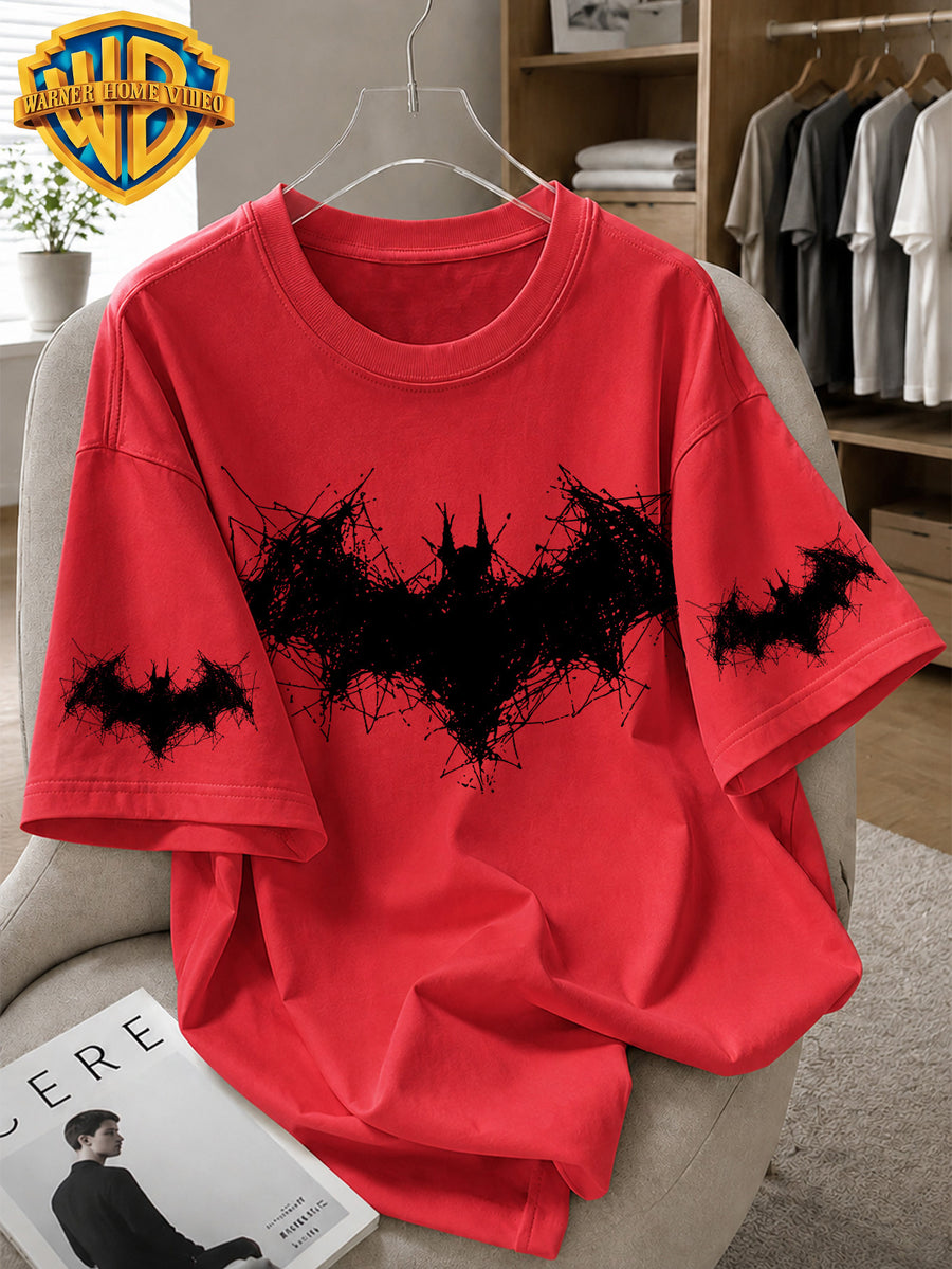 Warner Bros. Officially Licensed Batman Abstract Line Drawing Logo Printed Men's Cotton Short-Sleeved T-Shirt, American Retro Street Style, Soft and Breathable, Suitable for Daily Wear, Streetwear, Fitness, and Outdoor Use - Red