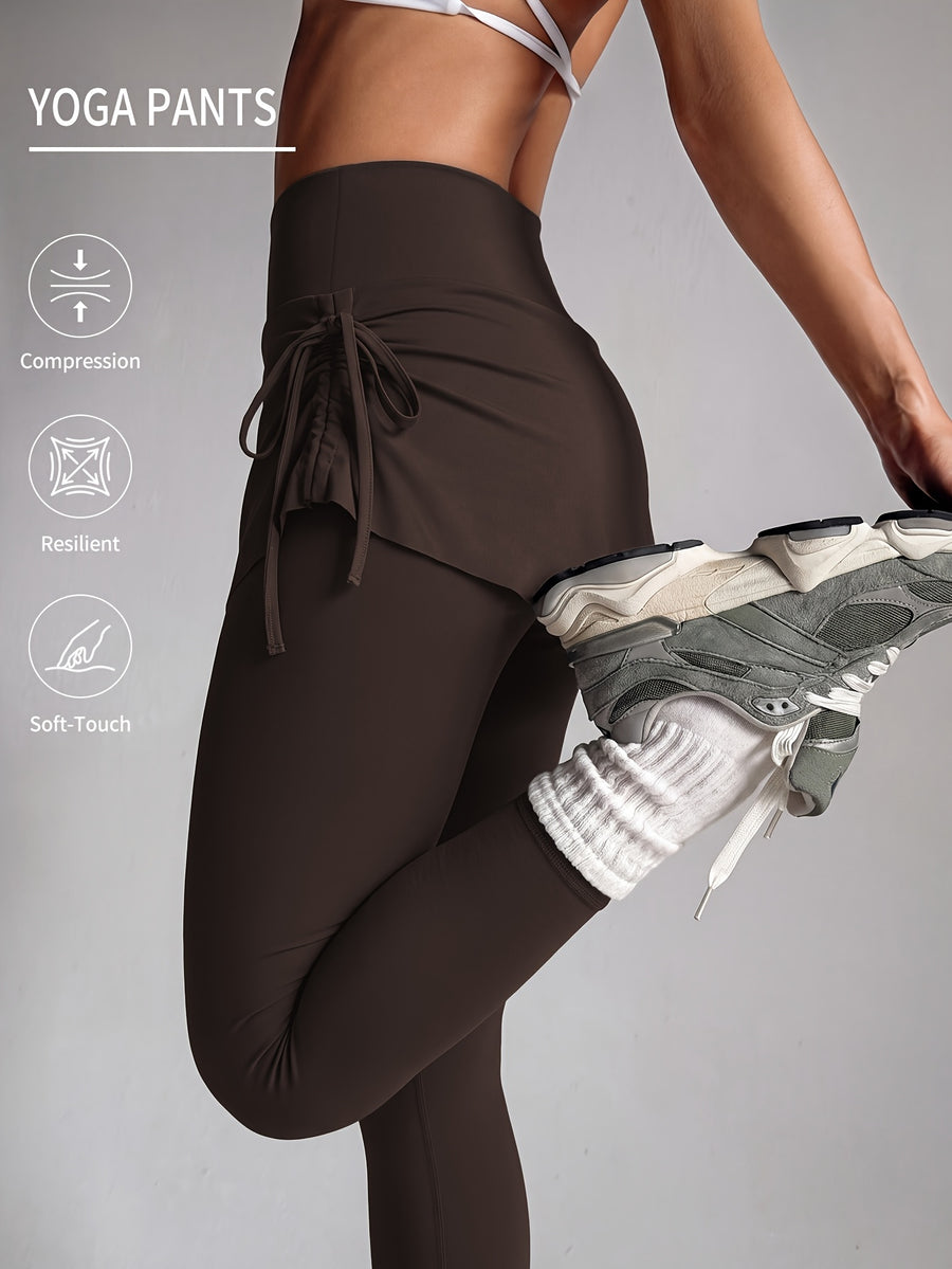 Women'S Faux Two-Piece Pants, Easter New Style Trousers, Tie-String High-Waist Pleated Design, Breathable Comfortable Fabric, Suitable for Cycling, Fitness - Coffee Color