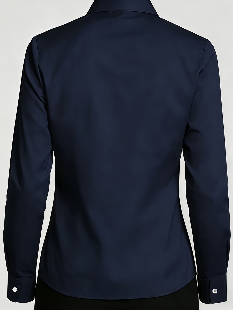 Small Floral Print, Exquisite and Elegant Versatile Top for Daily Office Wear, French-style Gentle and Soft Long-sleeve Women's Blouse for Commuting - Navy Color
