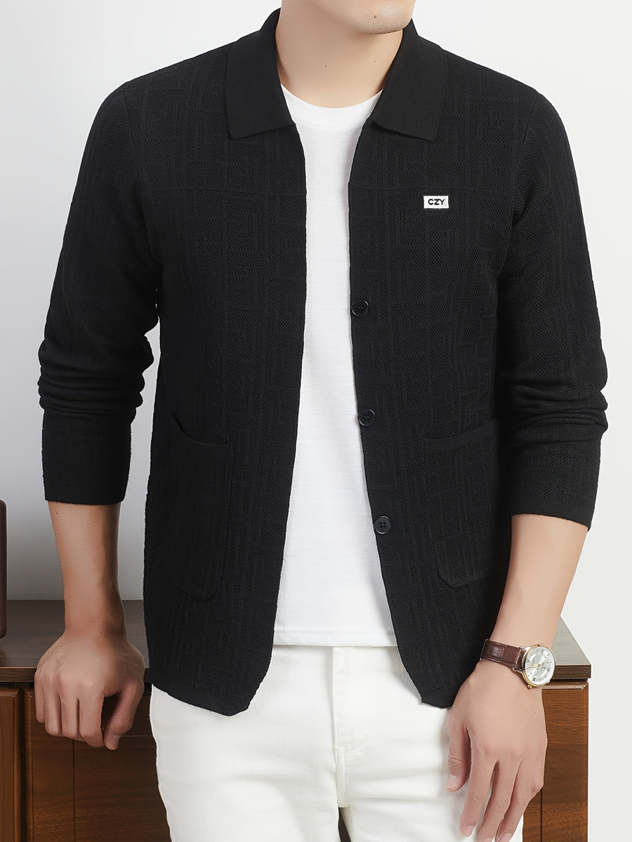 Du Jing Lan OBM Autumn/Winter New Arrival Men's Knit Cardigan, Old Money Style Solid Color Open Front Button-Up Lapel Long Sleeve Knit Cardigan, Men's Business Casual Fashion Open Front Knit Base Layer Top, Suitable for Layering in Spring - Black