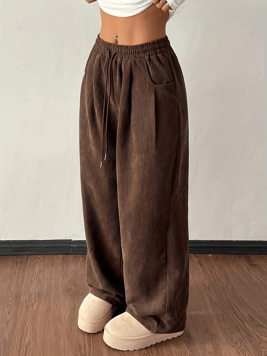 Women'S Retro Corduroy Loose Straight-Leg Trousers, Autumn Winter Street Style Casual Wide-Leg Pants, Casual Wide-Leg Trousers, Adjustable Drawstring Waistband LL256 - Dark Brown