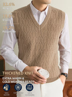 Men's Autumn & Winter Knitted Sweater Vest, Classic V-Neck with Raised Herringbone Texture, Thick & Warm, Timeless Refined Style for Work, Casual Wear, Outdoor Activities & Camping, Ideal Gift for Dad or Husband - Camel