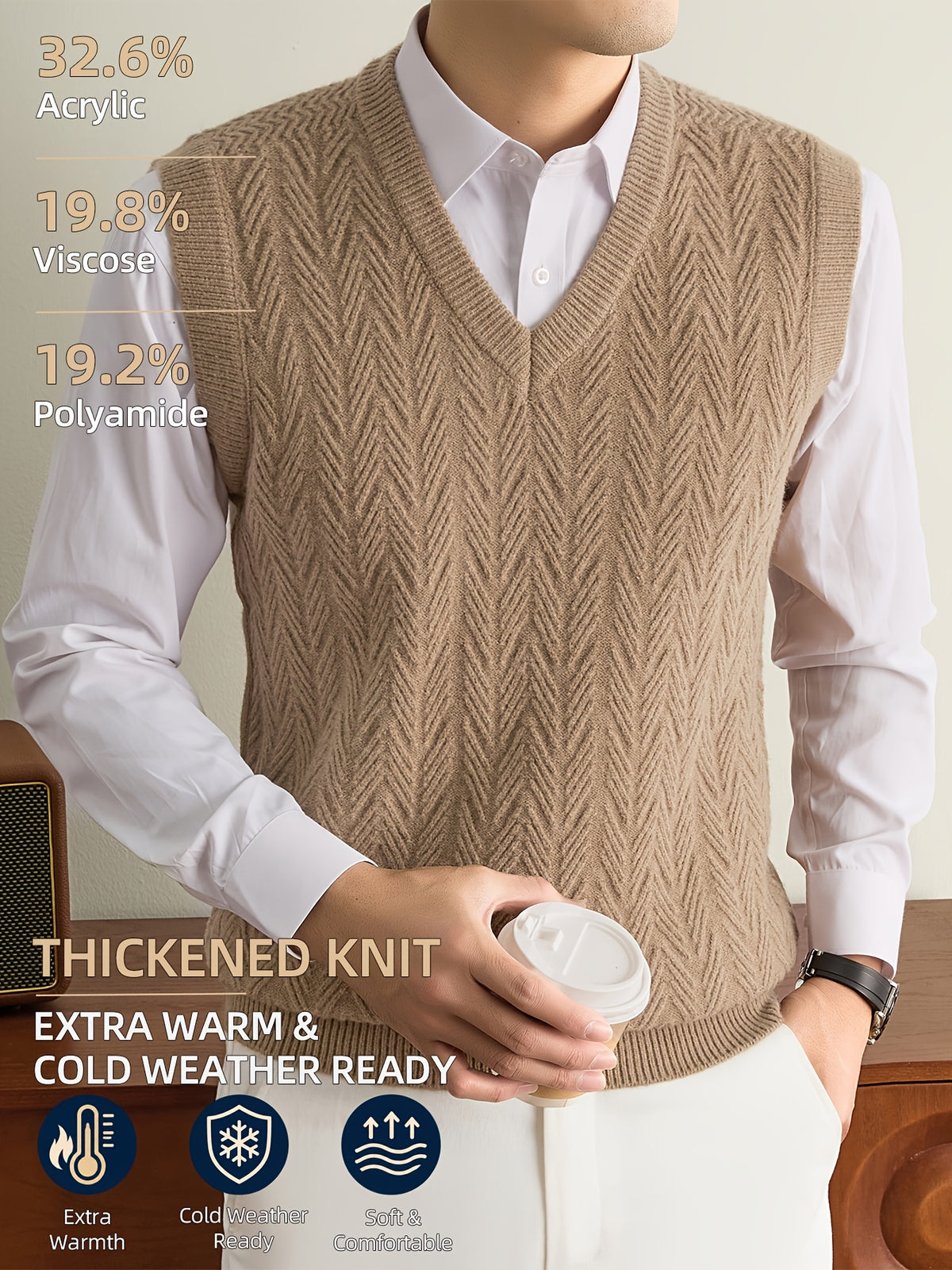 Men's Autumn & Winter Knitted Sweater Vest, Classic V-Neck with Raised Herringbone Texture, Thick & Warm, Timeless Refined Style for Work, Casual Wear, Outdoor Activities & Camping, Ideal Gift for Dad or Husband - Camel