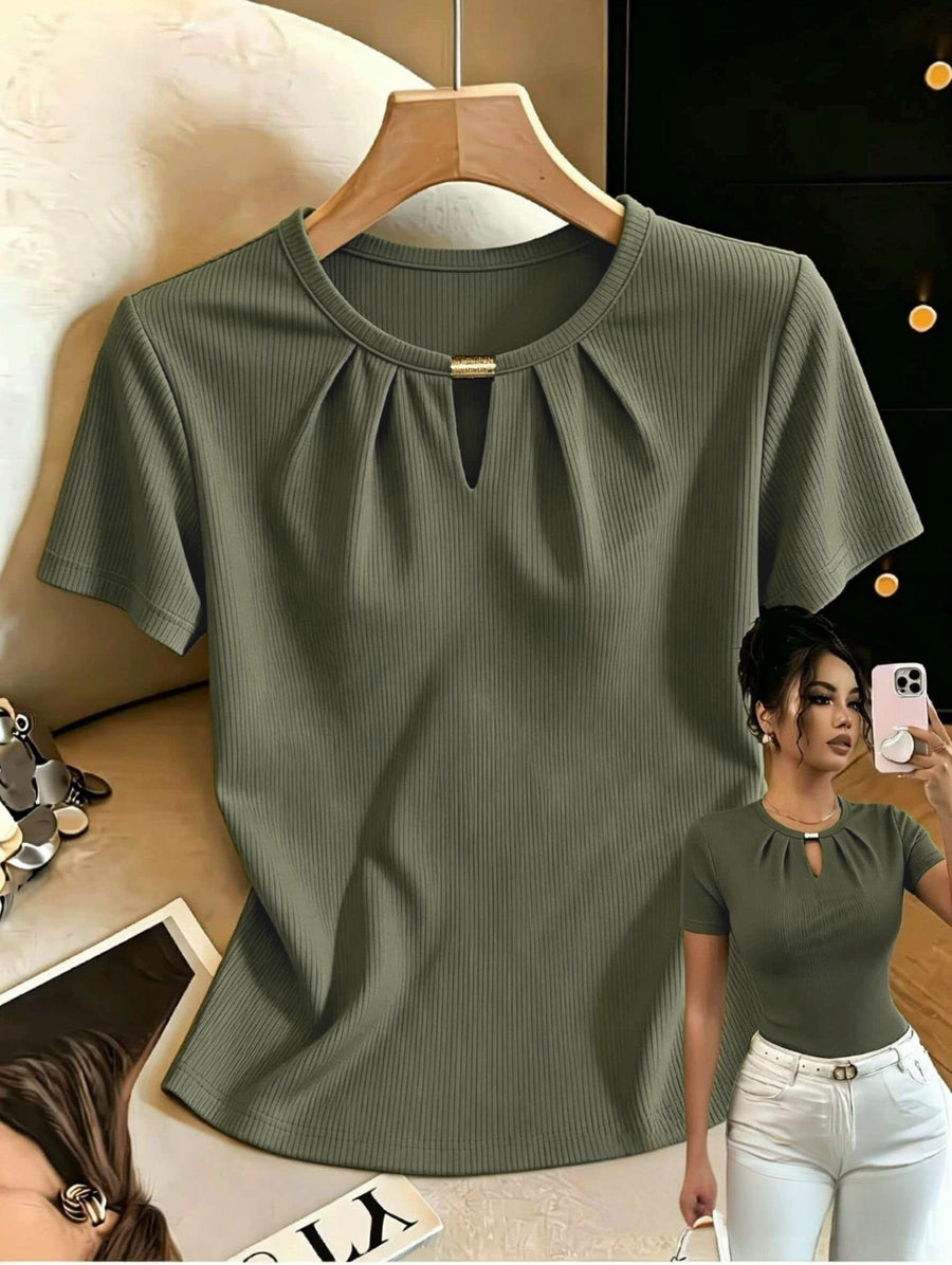 Women'S Summer Sexy Fitted Round Neck Metallic Embellished Hollow-Out Elegant Vacation Travel Short Sleeve T-Shirt - Green