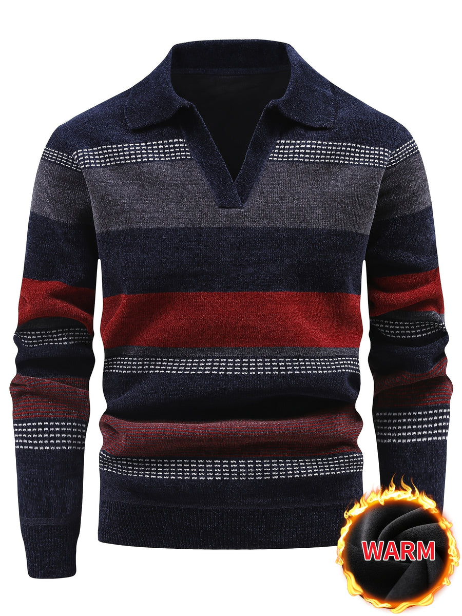 Men's Thickened Sweater with Polo Collar & Lapel - Warm Winter Pullover, Contrast Striped Suitable for Daily Commuting and Vacations, Hand Washable Suitable for Old Money Style, Seagull Collar, Beltless for - Wear - Navy Color
