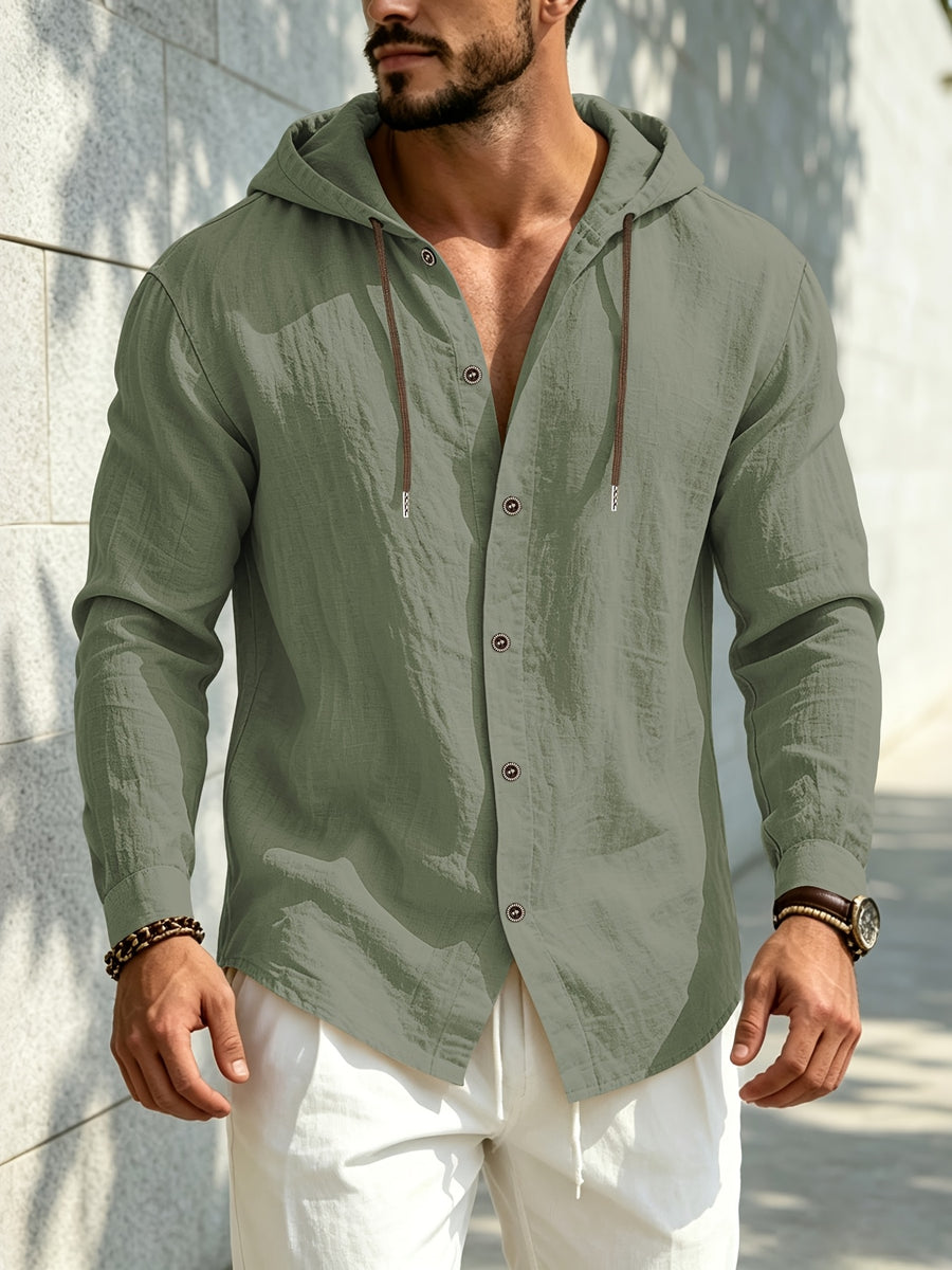 Men's European and American Style Cross-Border Linen Hooded Long-Sleeve Shirt - Military Green