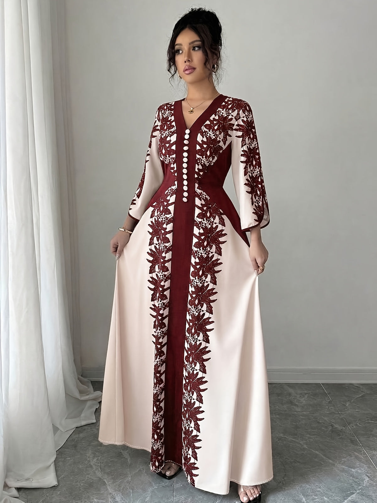 Plus Size, Elegant and Fashionable Plus-size Women's Printed Long-sleeve Dress, Adorned with Buckle Embellishments, Featuring a V-neck and Slit Cuffs. Suitable for Parties, Outings, Romantic Dates, and Daily Wear. Designed for Plus-size Women - Burgundy color