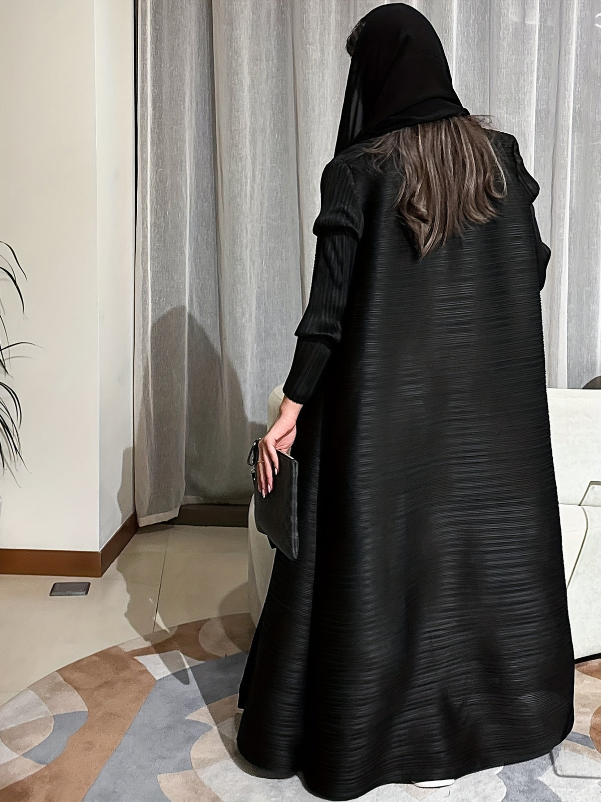 Middle Eastern Women's Clothing: Three-Yard Pleat Muslim Robe, Solid Color Cardigan Outerwear Cape - Black